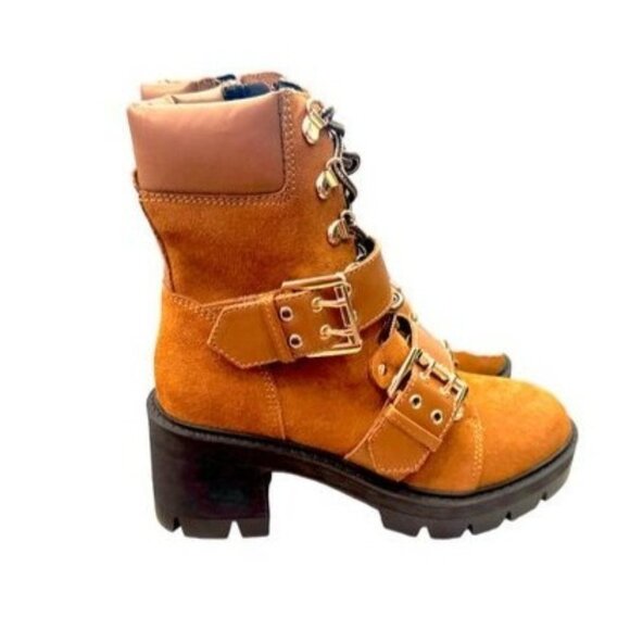 Aqua Genie Cognac Leather Upper Boots 5M Lace-Up, Buckle, Chunky Heel NWOB - Picture 1 of 6